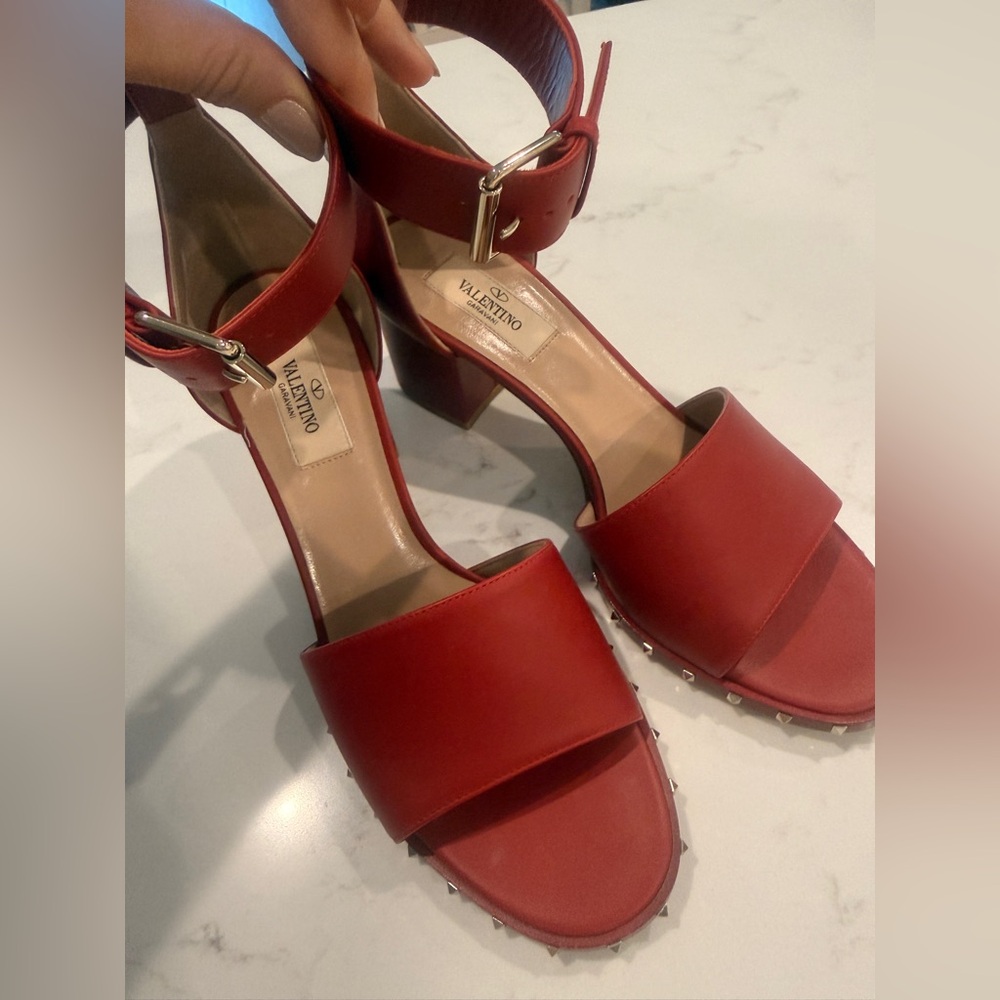 Valentino Red Studded Leather Block Heel Sandals